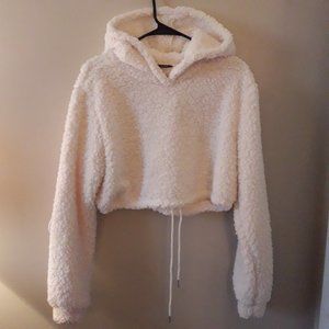 Drawstring Hem Crop Teddy Hoodie